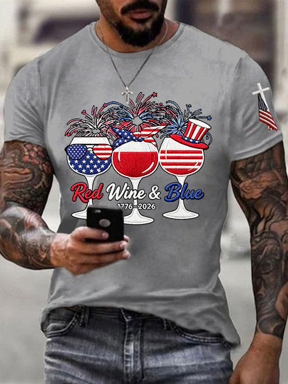 Men's Funny Red Wine Blue Independence Day Print Casual Patriotic Tee