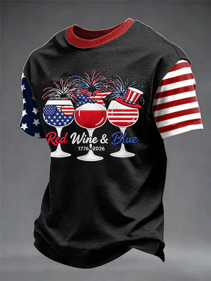 Men's Funny Red Wine Blue Independence Day Print Casual Patriotic Tee
