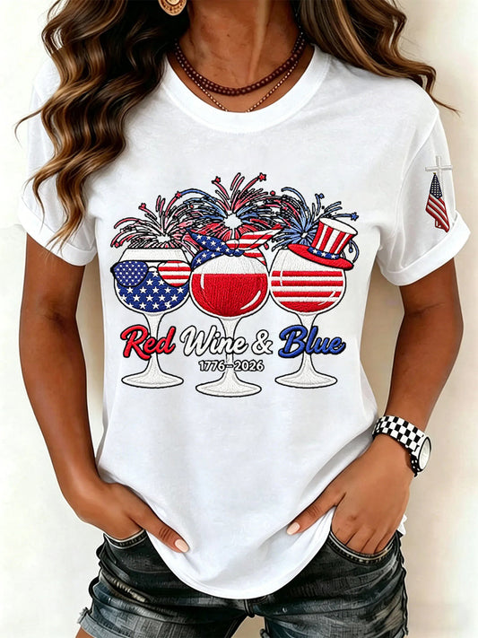 Women's Red Wine Blue Independence Day Print Casual Patriotic Tee