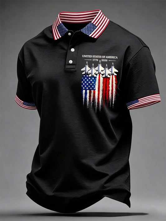 Men's Independence Day USA Flag 1776-2026 Print Casual Patriotic Polo