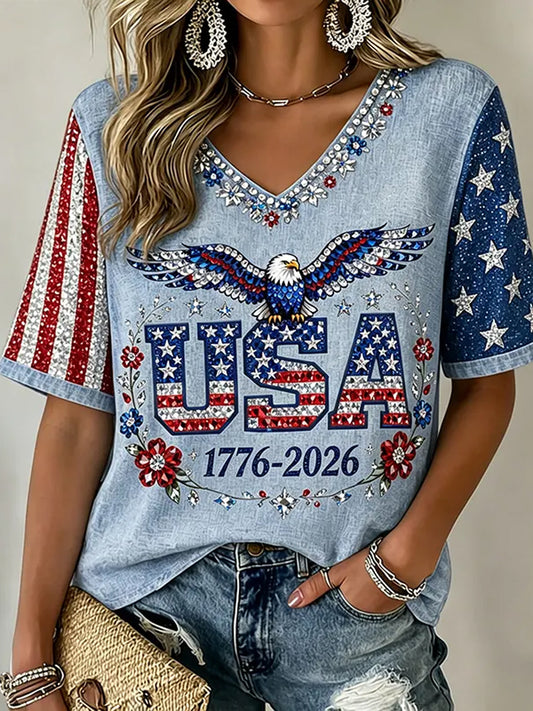 Women's Vintage Independence Day Flag  Pattern Casual Top