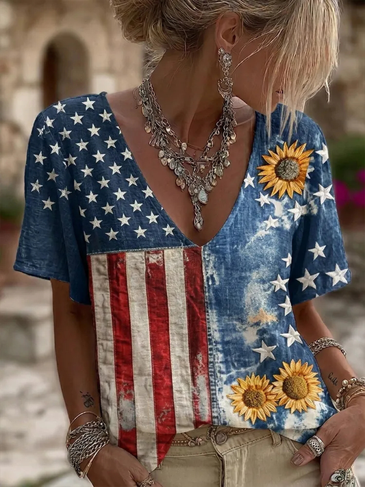 Women's National Flag Flower Linen Short-sleeved T-shirt