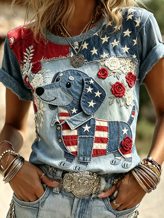 Women's National Flag Dog Print Short-sleeved T-shirt