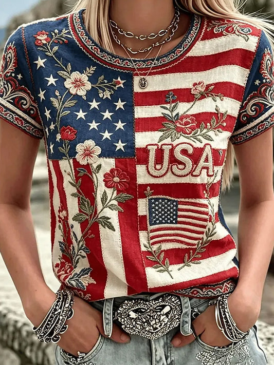 Women's Retro Independence Day Art Print Casual Top