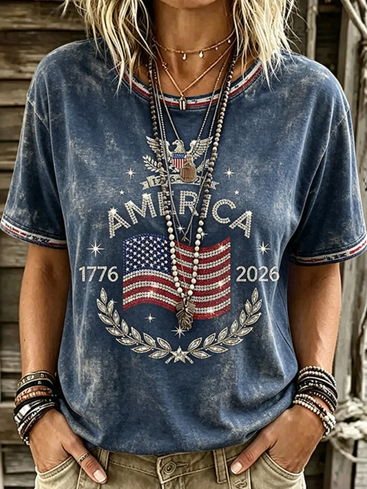 Women's Retro Independence Day Art Print Casual Top