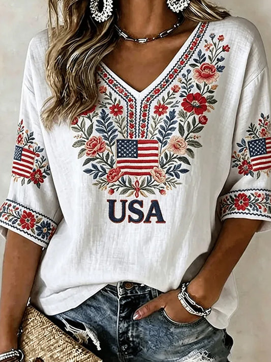 Women's Retro Independence Day Art Print Casual Top