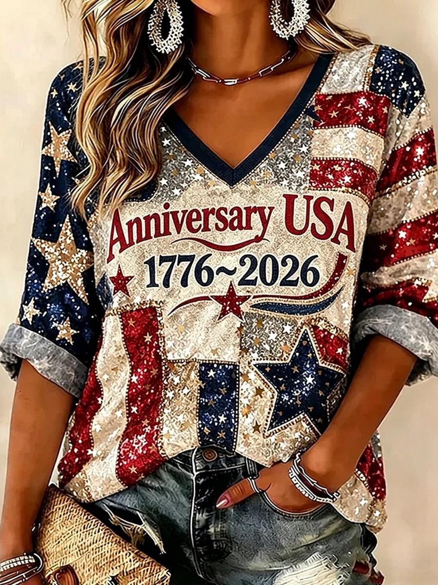 Women's Retro Independence Day Art Print Casual Top