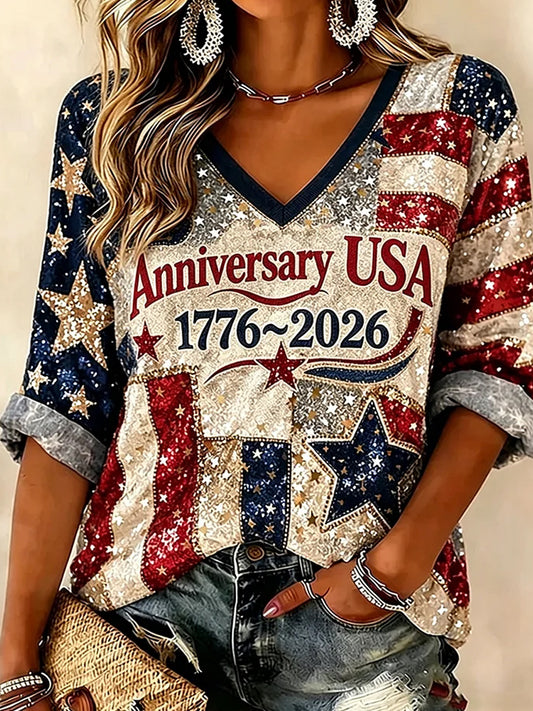 Women's Retro Independence Day Art Print Casual Top