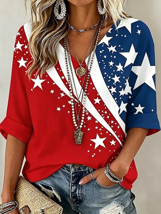 Women's Retro Independence Day Art Print Casual Top
