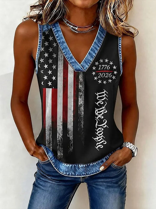Women's Vintage Independence Day Flag Print V-neck  Vest