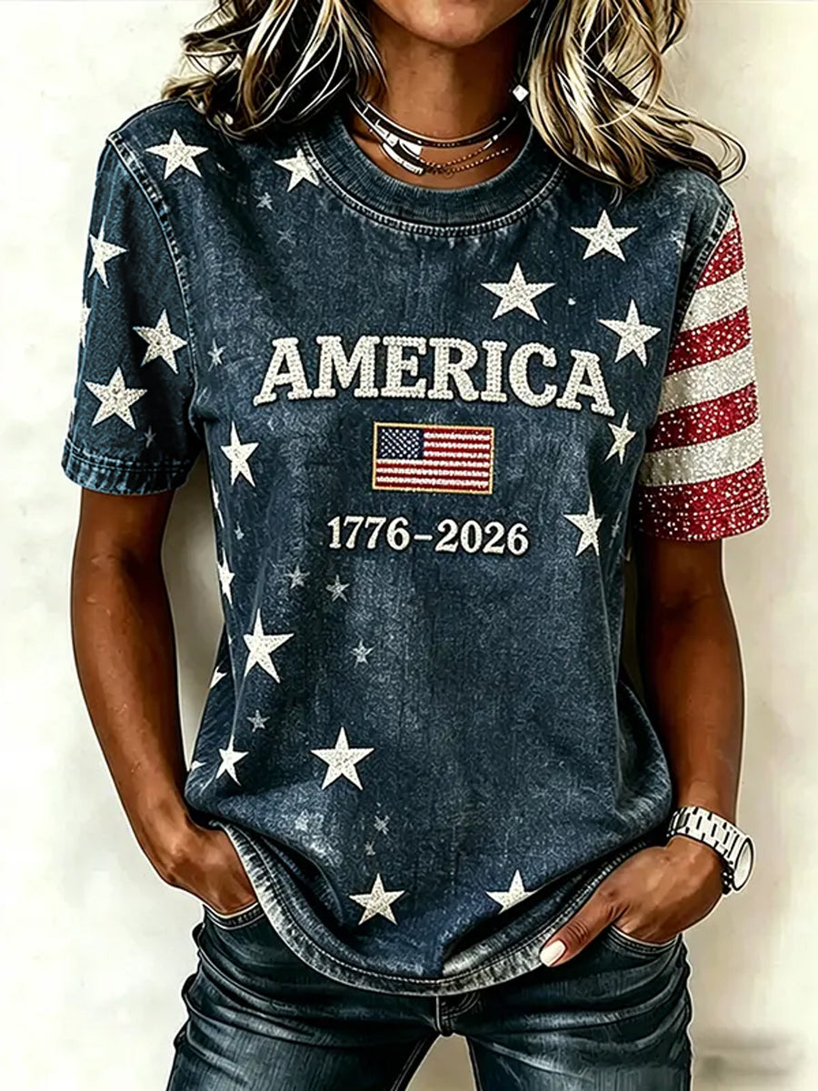 Women's Vintage Independence Day Flag Pattern Casual Short Sleeve T-shirt