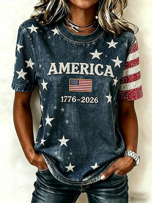 Women's Vintage Independence Day Flag Pattern Casual Short Sleeve T-shirt