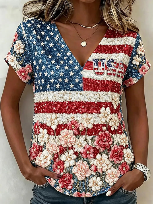 Women's Vintage Independence Day Flag With Flowers Art Casual Short Sleeve T-shirt