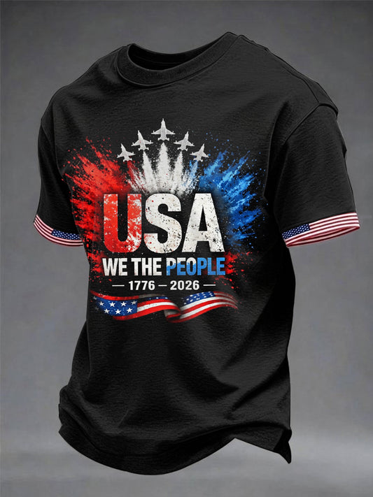 Men's We The People 1776-2026 USA Flag Jet Print Independence Day Casual Patriotic Tee