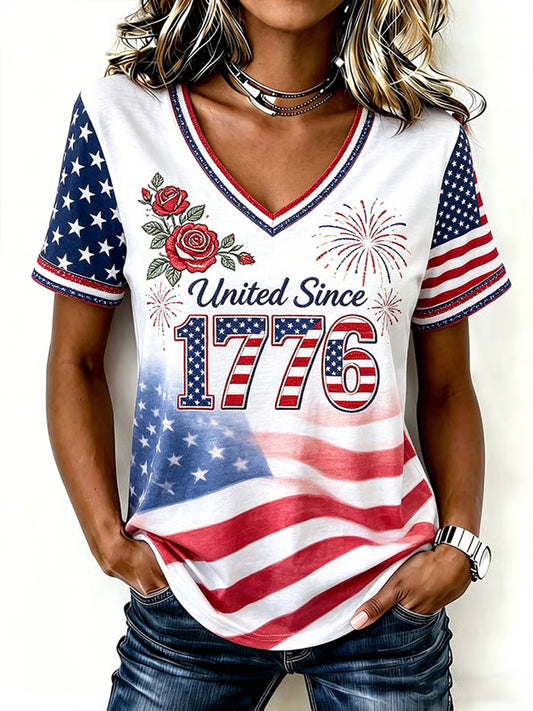 Women's America Floral Printed V-neck T-shirt