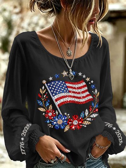 Women's American Flag Flowers Cotton-Linen Shirt