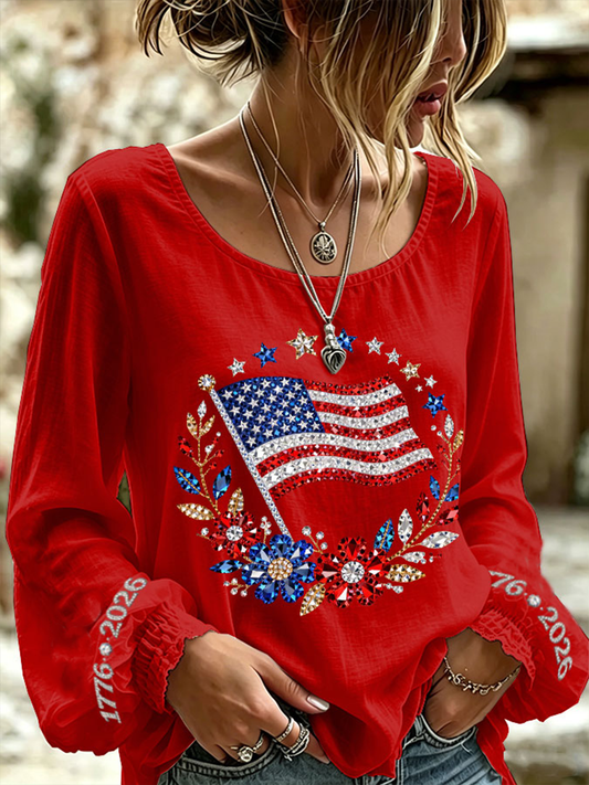 Women's American Flag Flowers Cotton-Linen Shirt