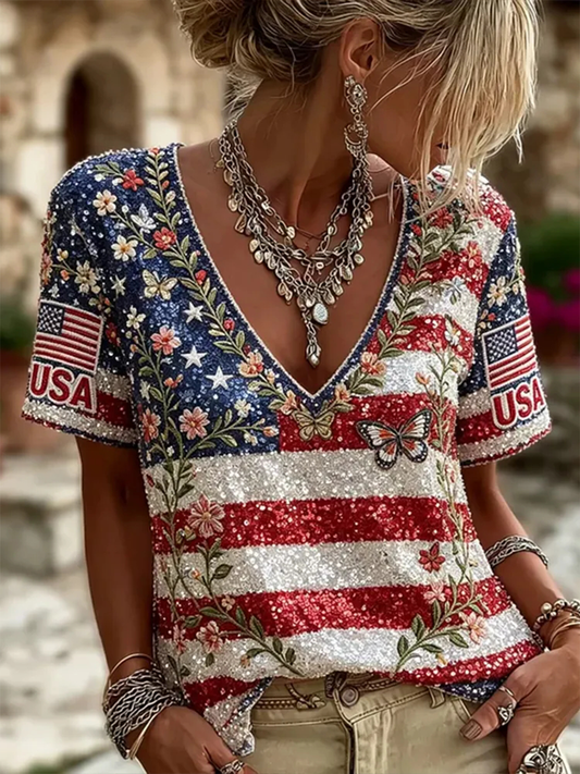 Women's American Flag Flowers Short-sleeved T-shirt