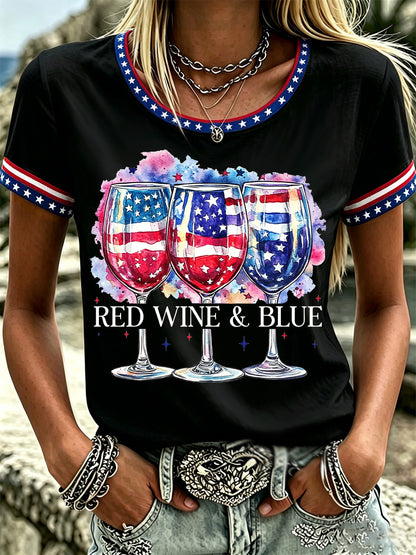 Women's Independence Day Red Wine Blue Print Tee