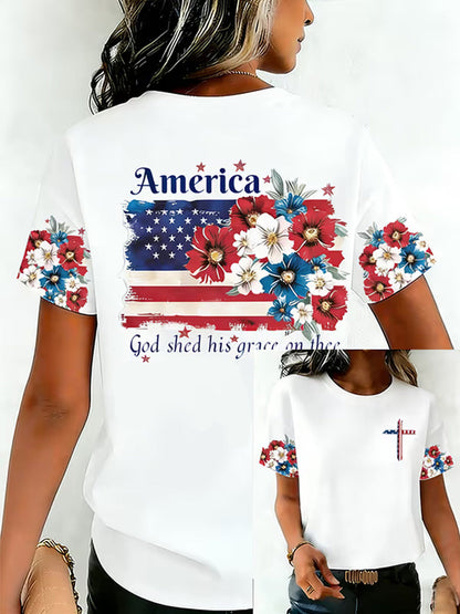 Women's Independence Day USA Flag Print Tee