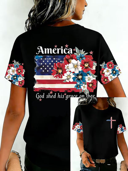 Women's Independence Day USA Flag Print Tee