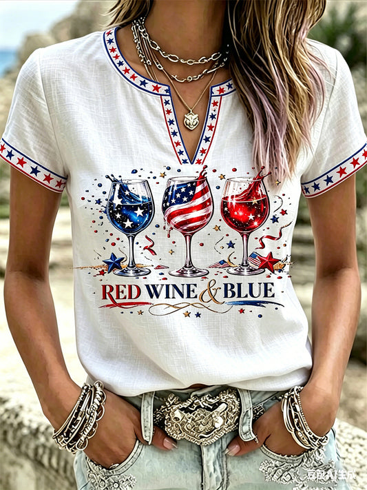 Women's Independence Day Red Wine Blue Print V-Neck Tee