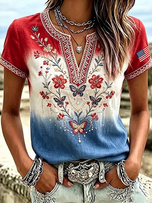 Women's  Independence Day Flag & Floral Art Casual Cotton-Linen Shirt