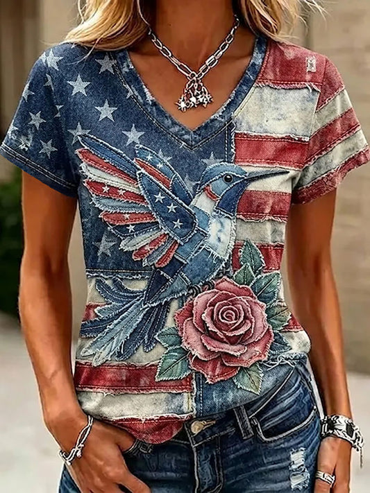 Women's American Flag Print Casual T-Shirt