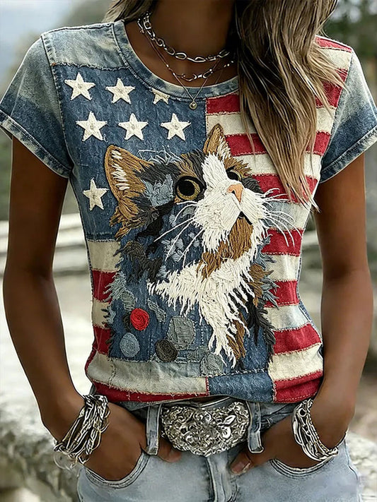 Women's American Flag Cat Print Casual T-Shirt