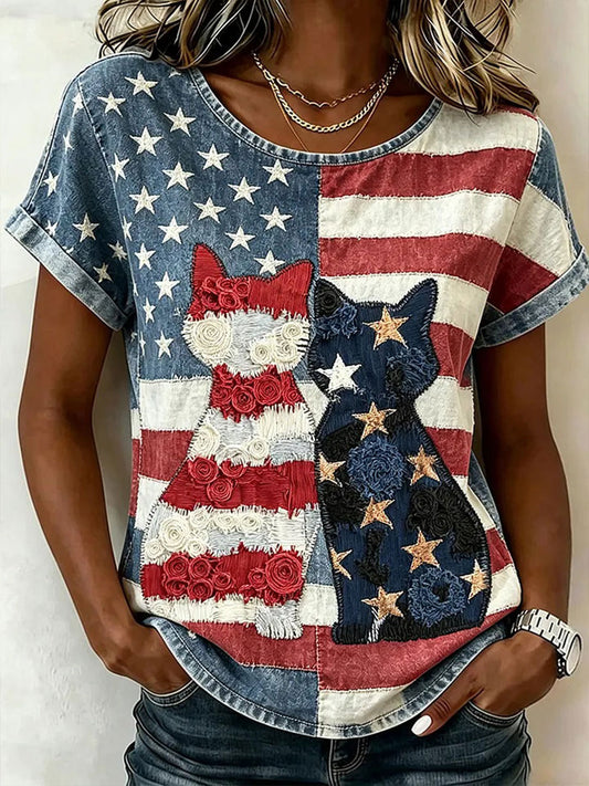 Women's American Flag Cat Print Casual T-Shirt