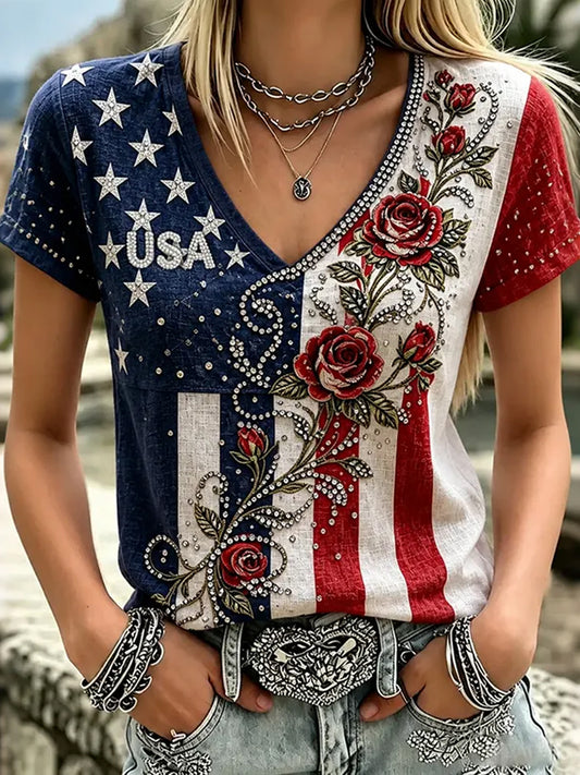Women's Independence Day American Flag Floral Art Casual V-neck Short Sleeve Top