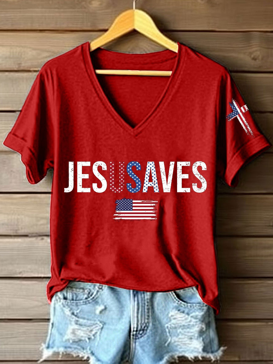 Women's Jesus Saves USA V-Neck T-Shirt
