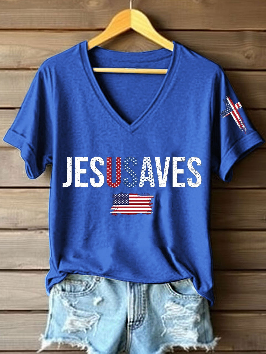 Women's Jesus Saves USA V-Neck T-Shirt