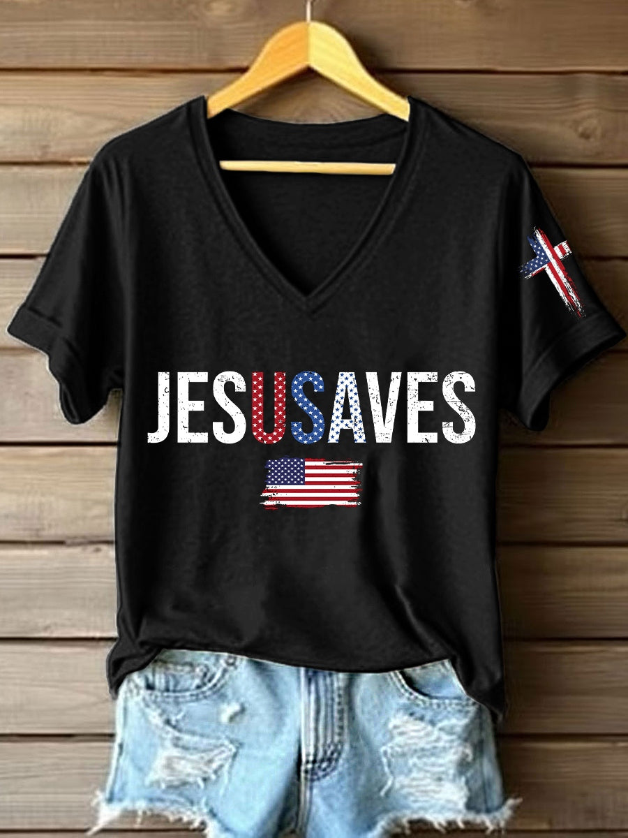 Women's Jesus Saves USA V-Neck T-Shirt