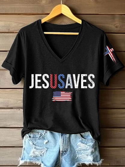 Women's Jesus Saves USA V-Neck T-Shirt
