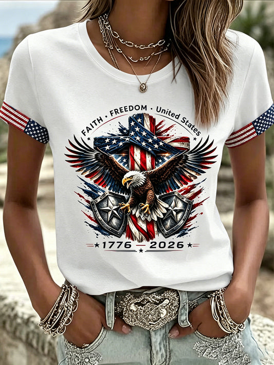Women's Independence Day Eagle And American Flag 1776-2026 Print  Short Sleeve T-shirt