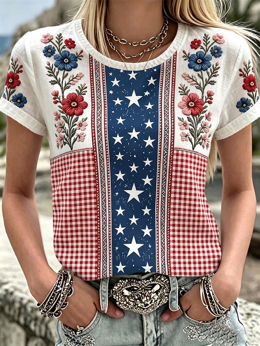 Women's Independence Day American Flag Floral Art Casual Short Sleeve Top