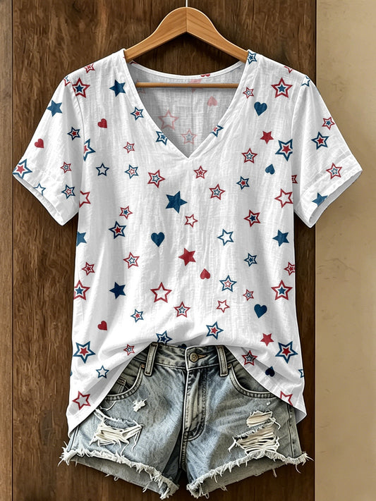 Women's Patriotic American Stars Print Cotton Linen V-Neck Top