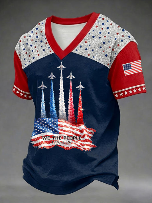 Men's Independence Day USA Flag Jet Print Casual Patriotic V-Neck Tee