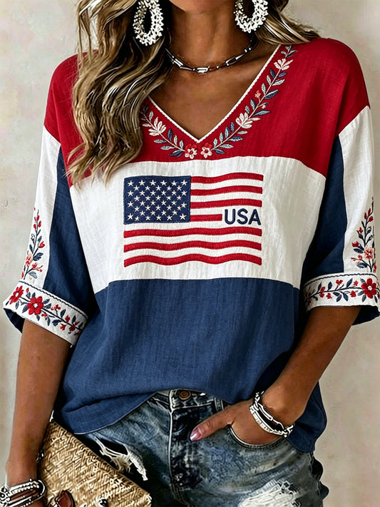 Women's America Floral Print Casual T-shirt