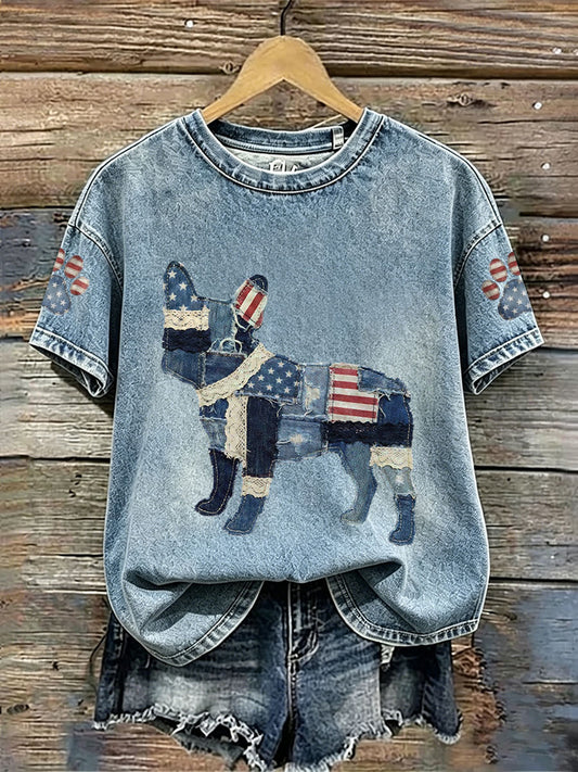 Women's French Bulldog Patchwork Print Casual T-shirt