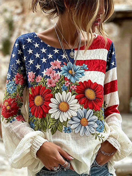 Women's Independence Day Floral USA Flag Print Top