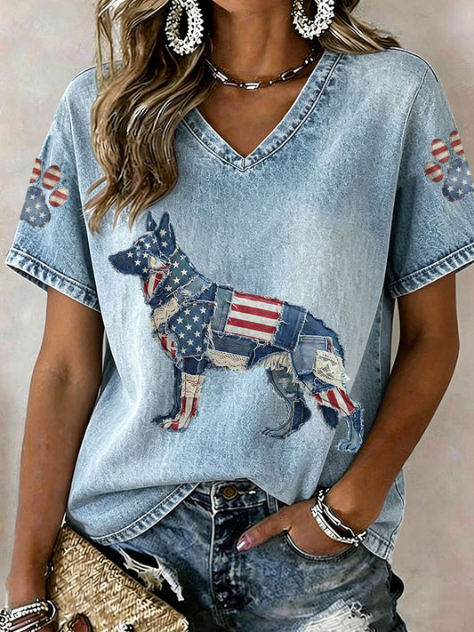 Women's German Shepherd Patchwork Print Casual T-Shirt