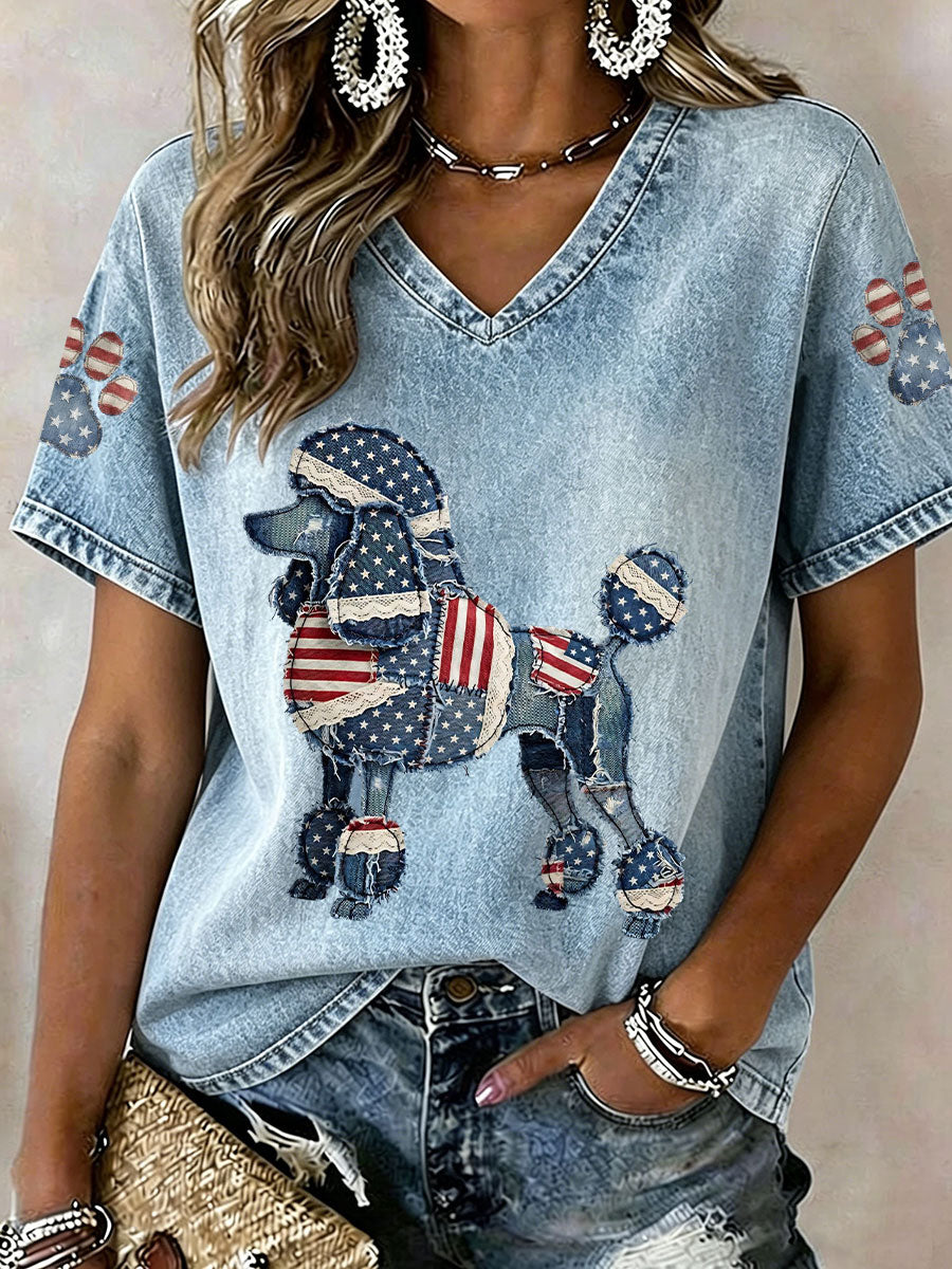 Women's Poodle Patchwork Print Casual T-shirt
