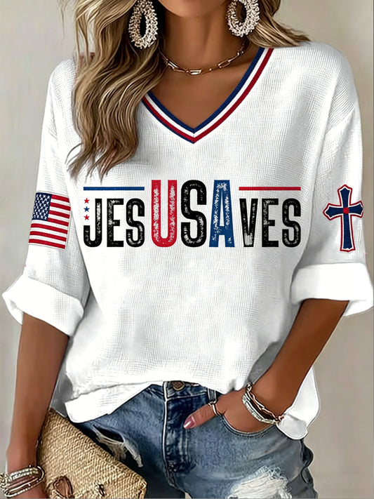Women's V-neck Mid-Sleeve Jesusves Printed Casual T-shirt