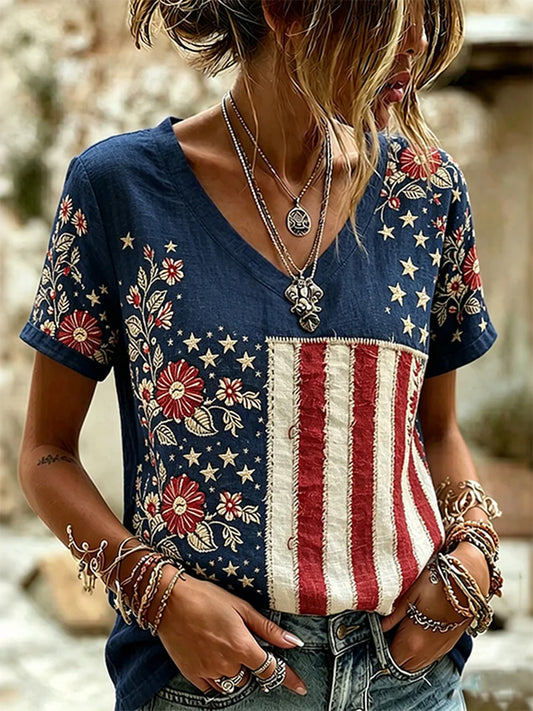 Women's Independence Day Floral USA Flag Print V-Neck Tee