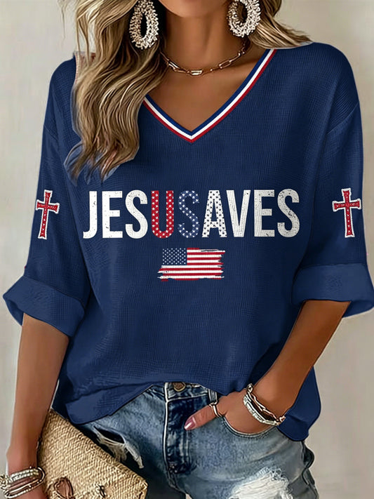 Women's V-neck Mid-Sleeve Jesusves Printed Casual T-shirt