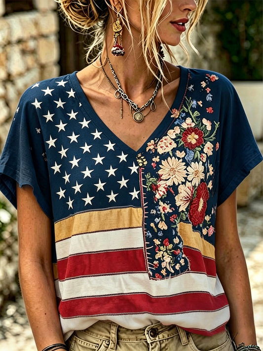 Women's Independence Day Floral USA Flag Print V-Neck Tee