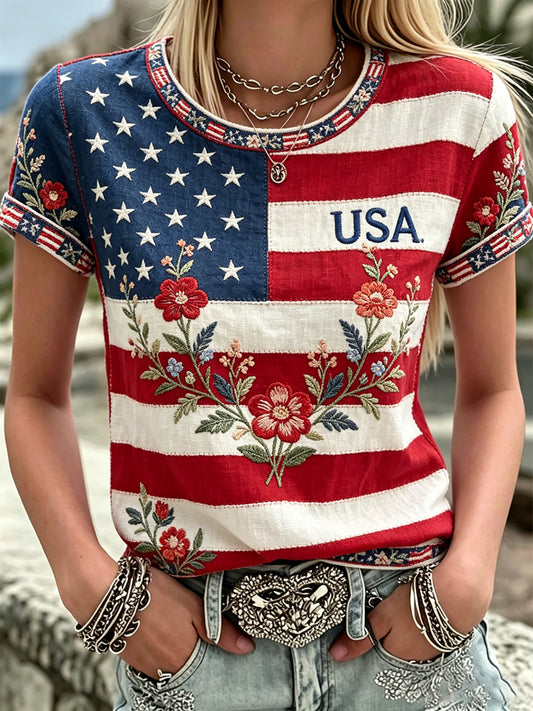 Women's America Floral Print Casual T-Shirt