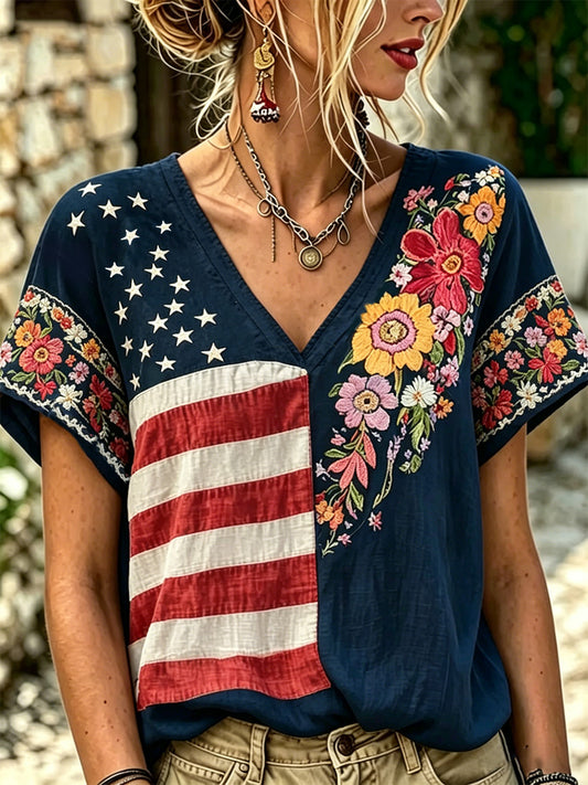 Women's Independence Day Floral USA Flag Print V-Neck Tee